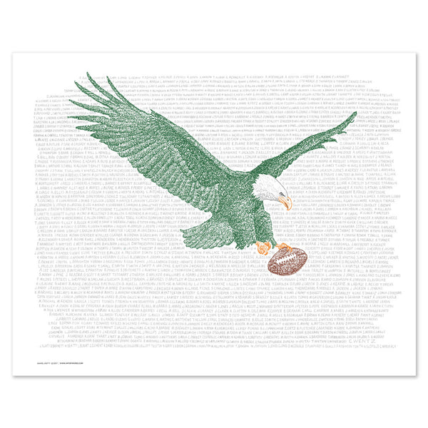 Word art print of eagle in flight clutching football in left talon, handwritten with Philadelphia Eagles all-time roster.  