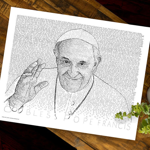 Save 20% with Art of Words Cyber Monday deal on word art print of Pope Francis, handwritten with text of Matthew 5-7.