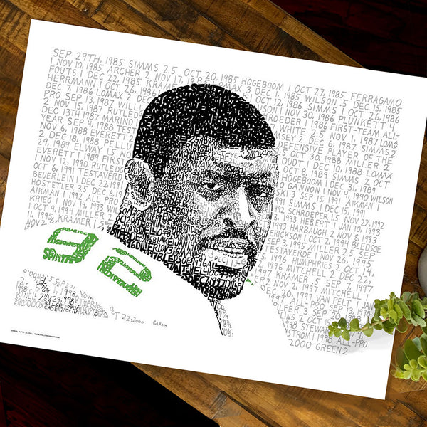 Football wall art is portrait of NFL defensive lineman Reggie White, handwritten with stats of his 198 sacks.