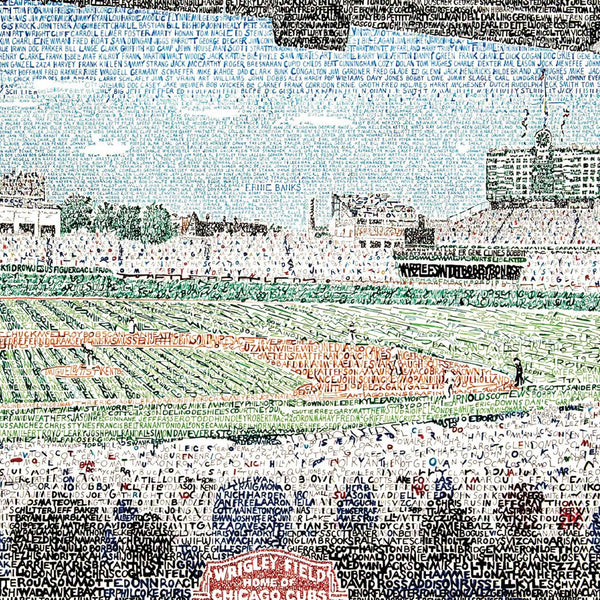 Unframed Wrigley Field word art print, handwritten with all-time Chicago Cubs roster.