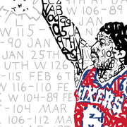 Detail of handwritten word art of 1983 76ers forward Julius “Dr. J” Erving shows season stats forming player and background.
