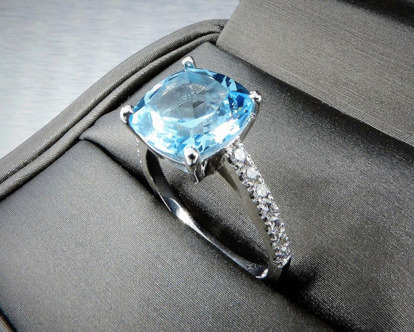 HANDMADE CUSHION CUT BLUE TOPAZ AND DIAMOND RING – Transcend Fine Jewellery