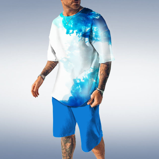 Men's Watercolor Smudge Print Round Neck T-shirt Set – Cutswear