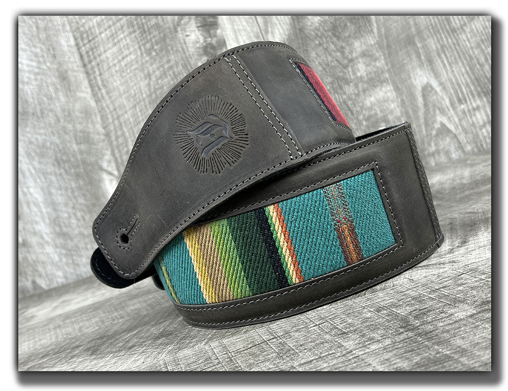 Guitar Strap, Mexican Blanket, Leather, Grey