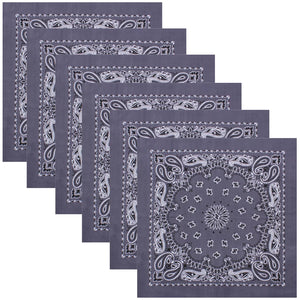 6 PACK BIG Grey Paisley Bandanas Six Gray Large Trainmen Cotton Biker Headwraps - Grunt Force