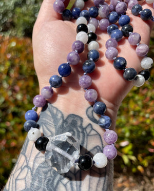 Feminine Connection Crystal Necklace with Sodalite, Moonstone, Lepidolite, Clear Quartz, and Black Tourmaline for emotional balance - Foxandmamacrystals