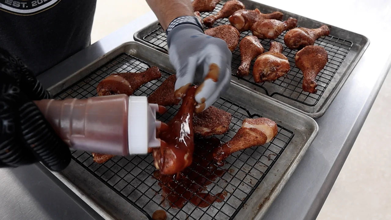 Applying barbecue sauce to chicken legs before finishing