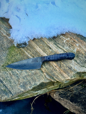 Ladder Pattern Damascus parring knife with stabilized black maple handle with black G10 pins