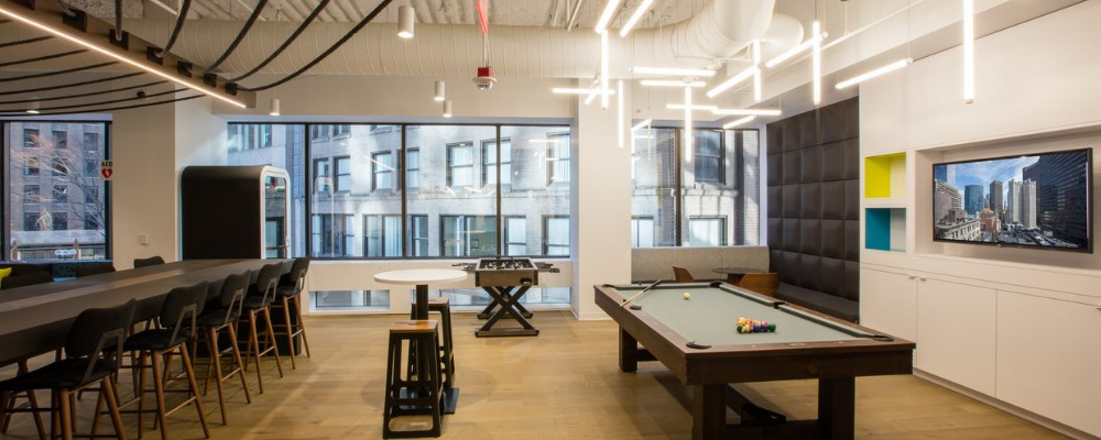 office breakroom, with seating area and lighting automation 