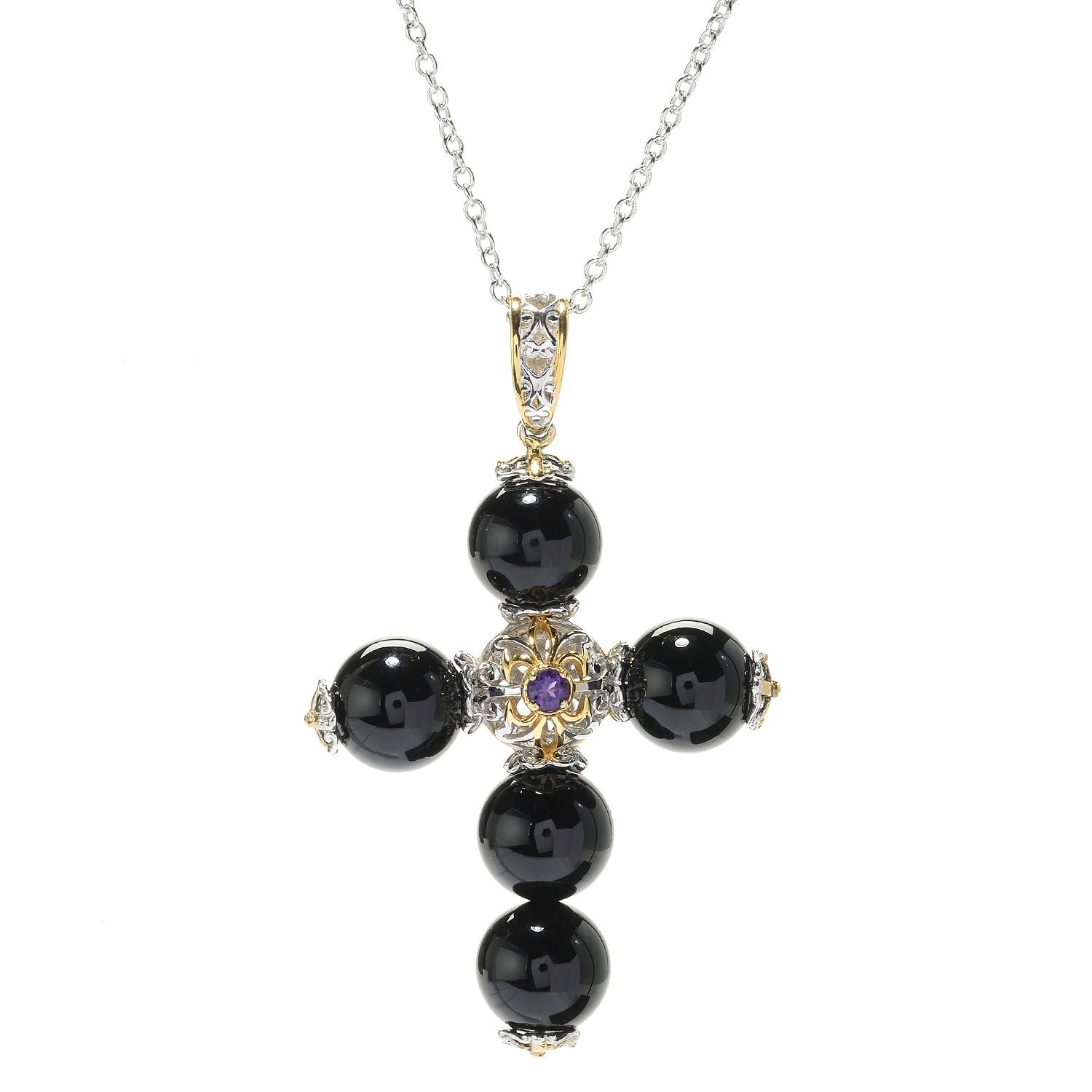 Gems en Vogue Black Onyx & African Amethyst Bead Cross Pendant