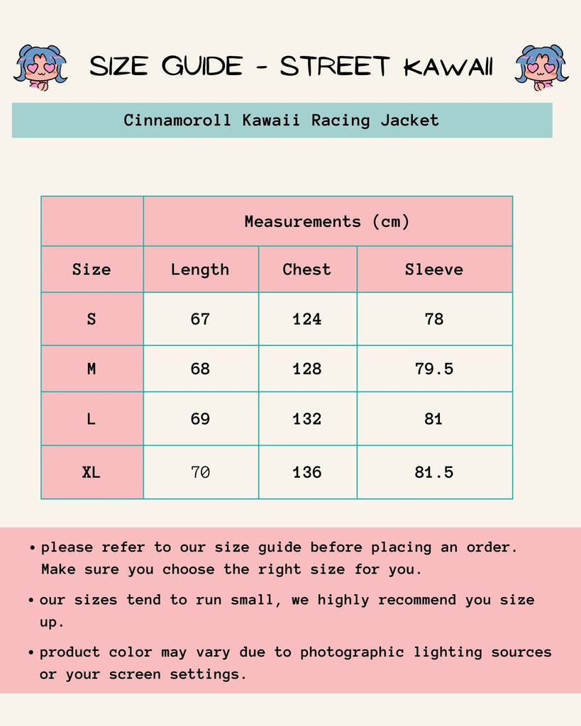 My melody pink racing jacket size guide