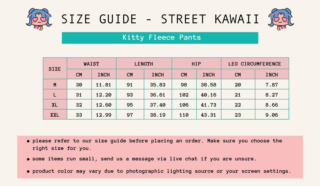 Kitty Fleece Pants Size Guide