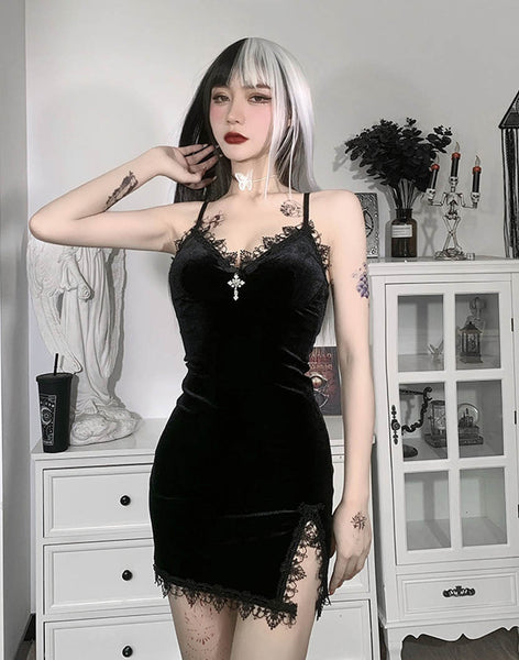 Goth Black Mini Dress: A flirty and playful black mini dress with lace accents, ideal for a night out or casual gatherings.