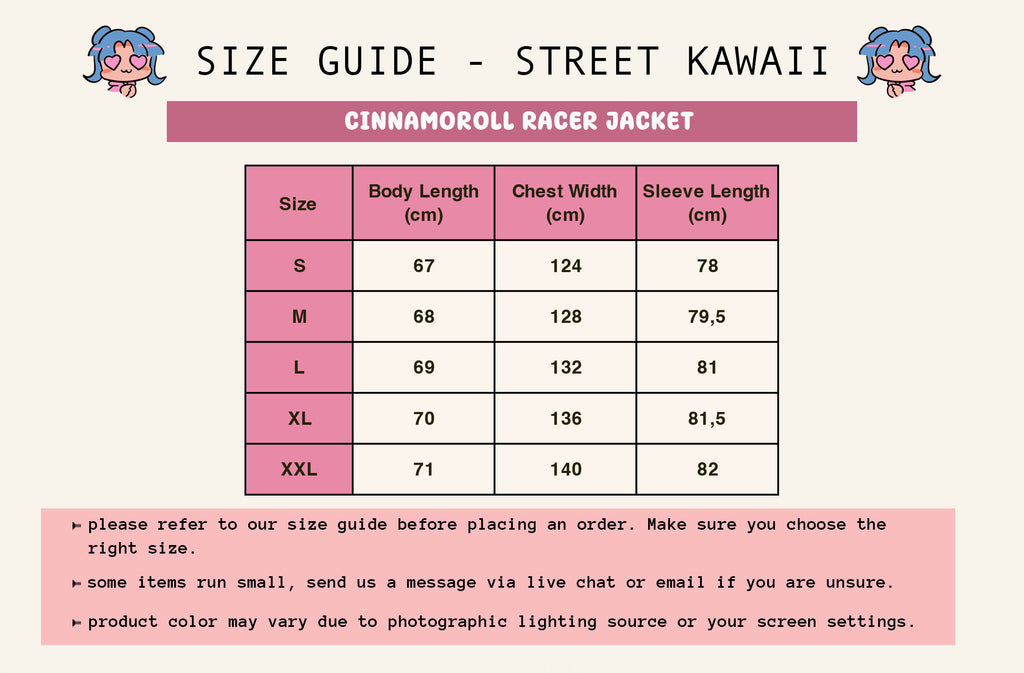 cinnamoroll racer jacket size guide
