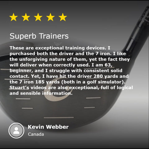 GForce customer review with image of driver and 7 iron purchased. Customer states GForce is an axceptional training aid and has improved their strike distance and solid contact with the ball