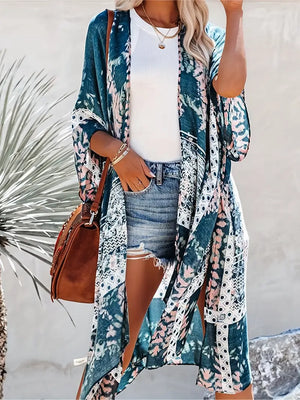 Exotic Boho Festival Blue Multicolor Tribal Print Kimono - Sebrina Love Luxe