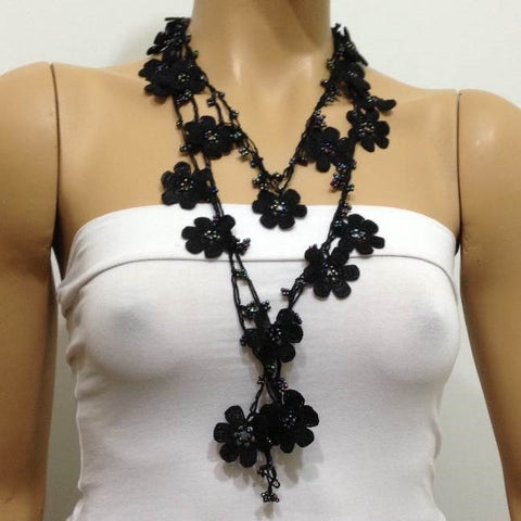 Black Beaded Crochet Necklace - Black lariat - Crochet oya lace ...