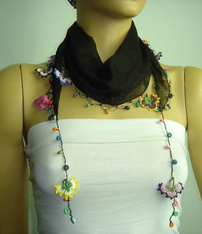 Black Cotton Scarf with Crocheted flowers and multicolor beads ...