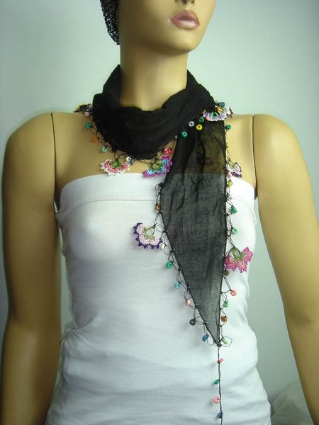 Black Cotton Scarf with Crocheted flowers and multicolor beads ...
