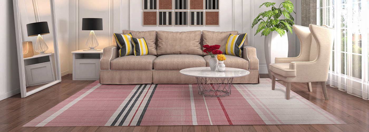 Hand-Knotted Pink Contemporary Plaid Flat Weave Rectangular Area Rugs