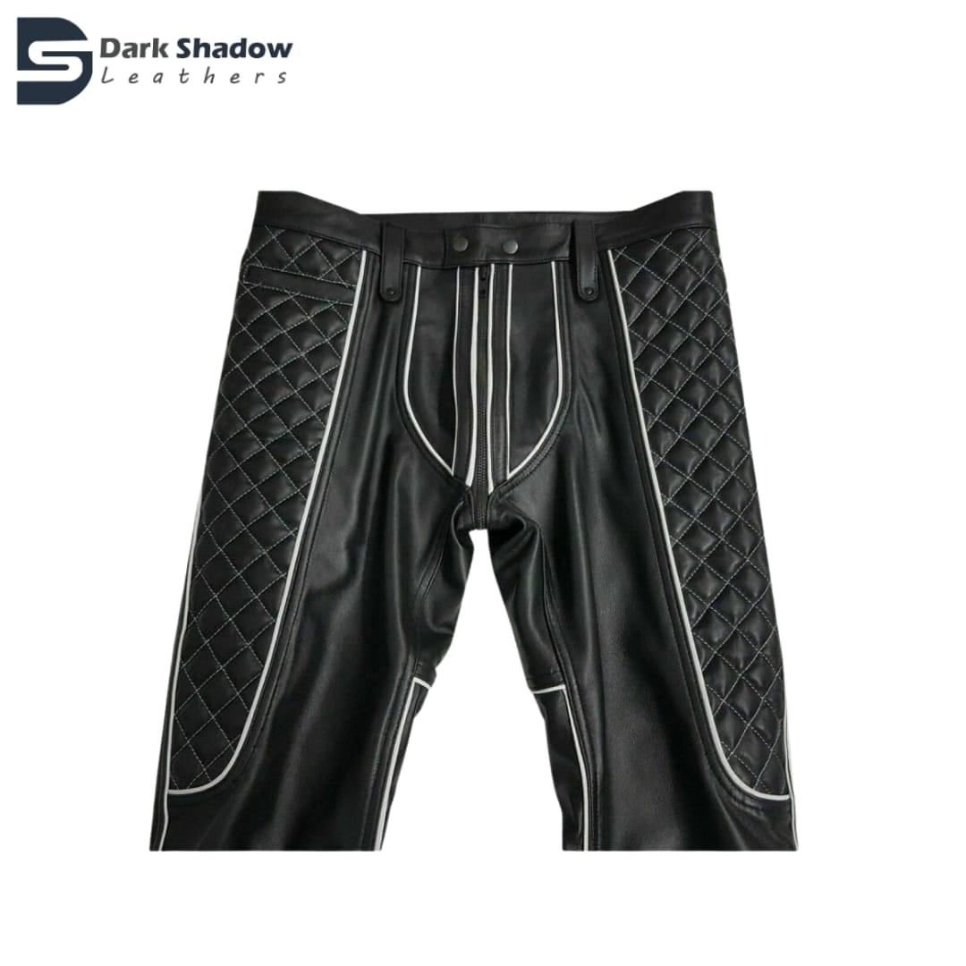LEATHER ADULTS LEATHER MENS TROUSERS BLACK WHITE PIPING PANTS BIKER BL ...