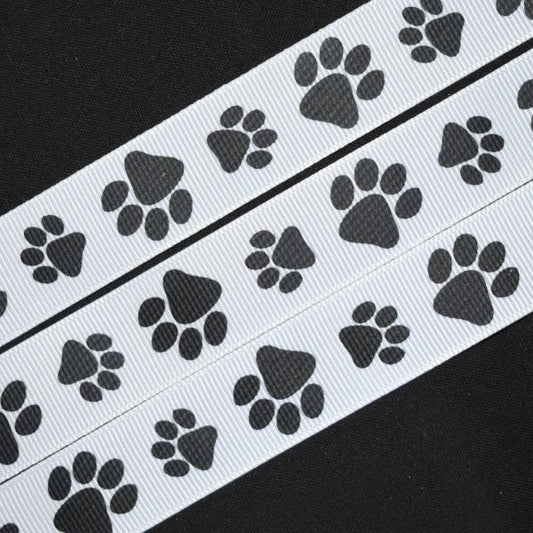 1/4 Wide Single Faced Satin Paw Print Ribbon - White with Black