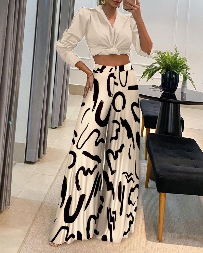 Long-Sleeved Top And Printed Slacks Set