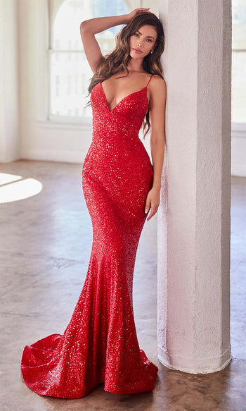 Spaghetti Straps V-Neck Red Sequins Sparkly Prom Dress with Slit QP282 –  SQOSA