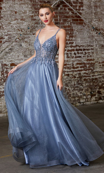 Powder Blue Sequins Embroidered Tulle Flared Gown
