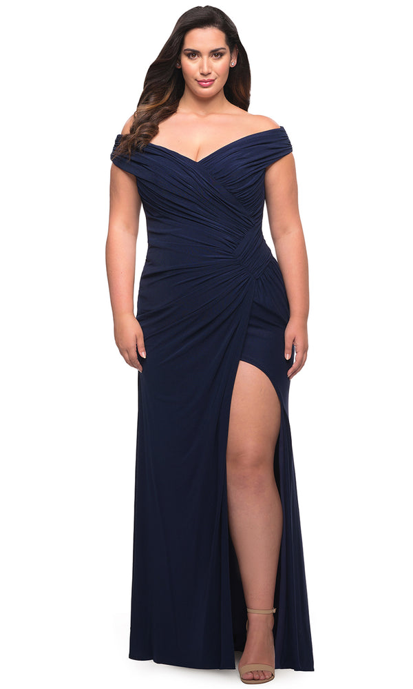 La Femme Long Formal Plus-Size Dress with Lace Sleeves