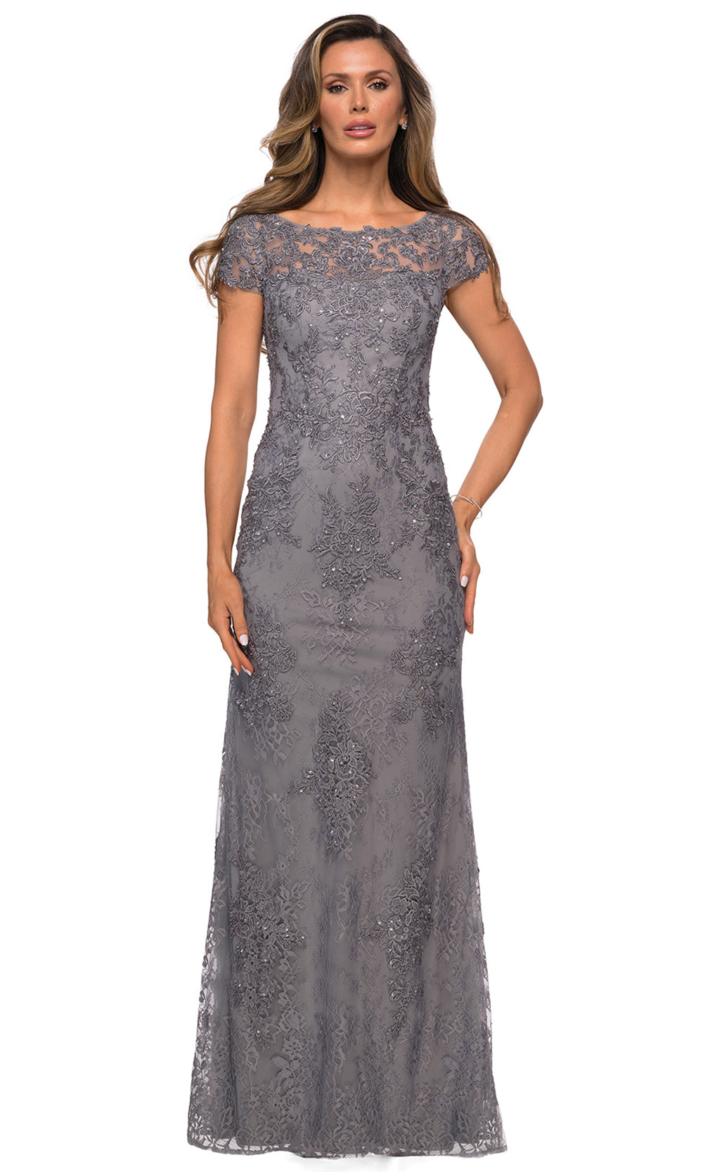 Dark Platinum La Femme - 27856 Full Length Lace Fitted Dress | Long ...