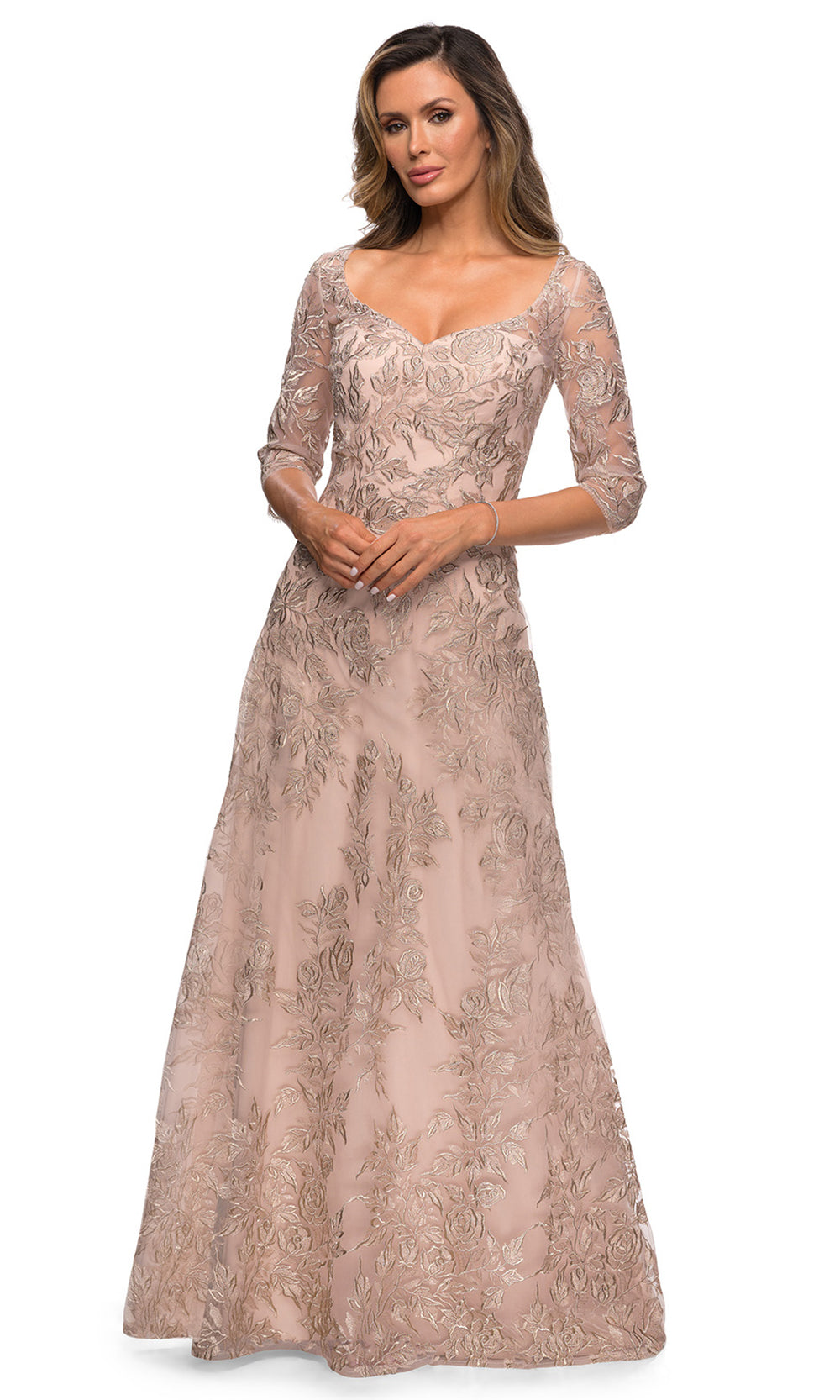 Champagne La Femme - 28053 V Neck Lace A-Line Gown | Long A-line Dress ...