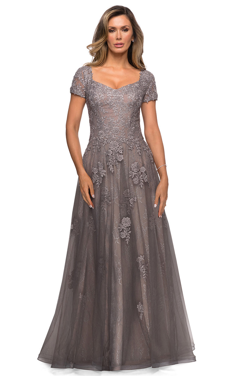 Platinum La Femme - 28091 Floral Lace Tulle Gown | Long A-Line Dress ...