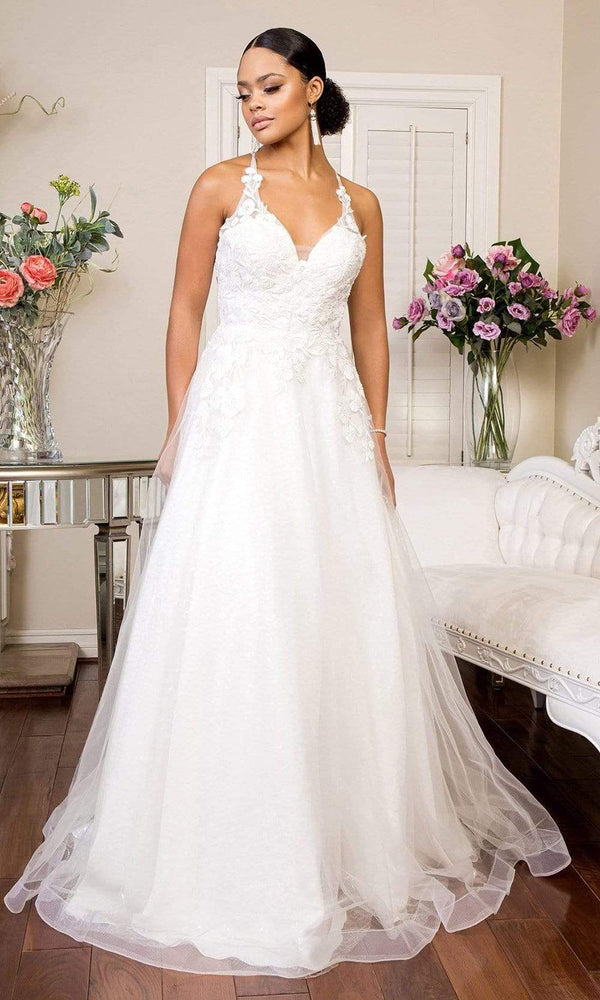 A Line Deep V Neck Open Back White Long Prom Wedding Dresses, Long