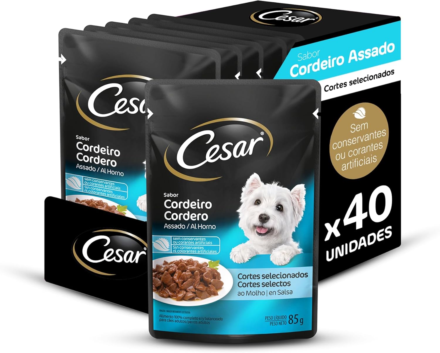 Pack Ração Úmida Cesar Sachê Cortes Selecionados Cordeiro Assado ao Molho Para Cães Adultos 85 g - 40 unidades 1