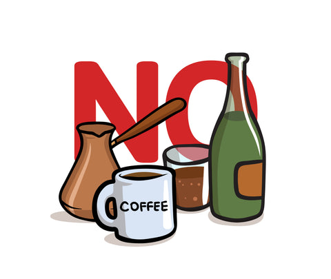A cartoon rendering of a mug of coffee, a bowl of chocolate pudding, a pitcher of chocolate milk, and a bottle of wine in front of large red text that reads NO.