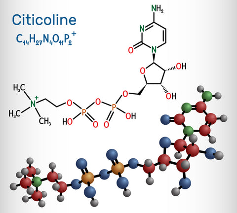 An image of the structural chemical formula and molecule of citicoline with text that reads citicoline.
