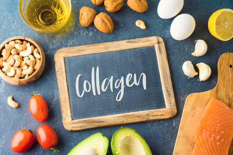 An image of foods rich in collagen, including walnuts, peanuts, tomatoes, avocado, eggs, garlic, an orange, salmon, with text that reads collagen.