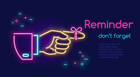 A graphical image of a human hand with pointed finger and red tape on the finger in neon light style with text that reads "don't forget."