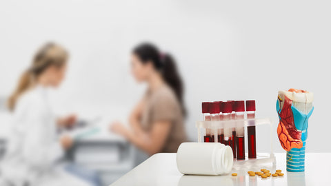 An image of an anatomical model of a thyroid gland and blood in test tubes for the analysis of hormones on doctor's table with a doctor consulting with a patient in the background.