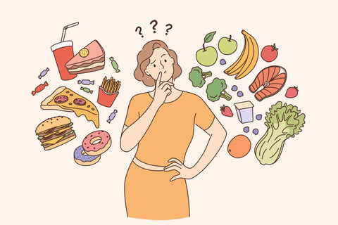 A cartoon rendering of a woman standing between healthy and unhealthy foods and trying to choose between them. 