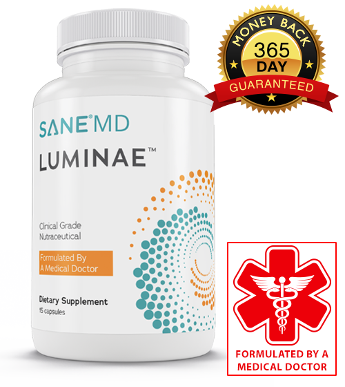 1 Bottle of Luminae with 365 days money back guaranteed badge and formulated by a medical doctor badge