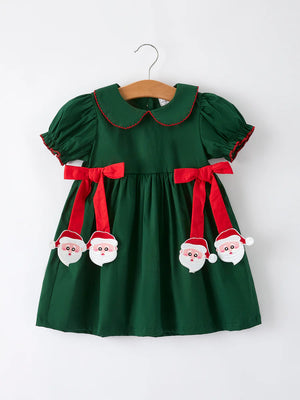 Girls Holiday Outfit – Santa Bow Green Christmas Dress - Kentucky Belle Boutique