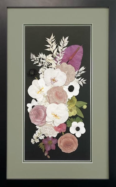 Flowers Pressed in Classic Frame With Olive Green Background - DBAndrea