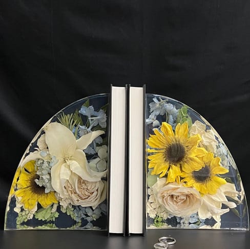 Resin Floral Block Book Ends Preserving Yellow Bouquet - DBAndrea