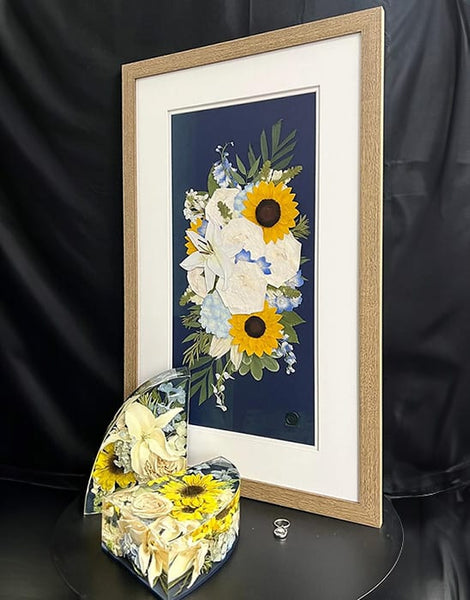 Pressed Flowers in Classic Frame Next to Resin Floral Block - DBAndrea