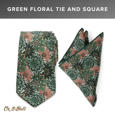 Green Floral Tie and Pocket Square Gift Set | Ox & Bull Trading Co.
