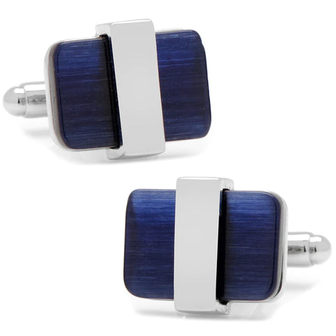 Silver-Wrapped Navy Blue Catseye Cufflinks, ideal daily-wear cufflinks for any occasion.