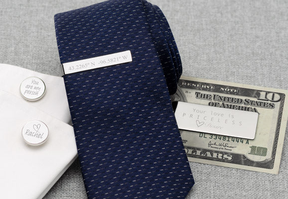 Cufflinks, Tie bar on tie, and money clip