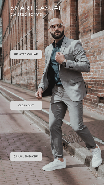 Twisted Formal: Take your classic suit to a new level with relaxed cues like an unbuttoned collar and casual sneakers.